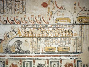 Prozession, die der Himmelsnavigation des Sonnengottes Ra folgt, Buch der Erde, Detail aus den Fresken der Grabkammer des Grabes von Ramses VI, Tal der Könige, Luxor, Theben (Unesco-Weltkulturerbe) von Egyptian 20th Dynasty