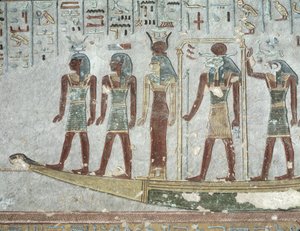 Relief, das Khnum in einer Totenbarke zeigt, die durch die Unterwelt fährt, aus dem Grab von Ramses III. (ca. 1184-1153 v. Chr.) Neues Reich von Egyptian 20th Dynasty