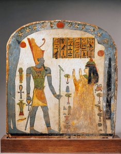 Bemalte Holzstele der Dame Taperet, die den Gott Aton anbetet, mit dem Himmel dargestellt durch die Göttin Nut von Egyptian 22nd Dynasty