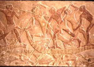Männer, die Fische von einem Papyrusboot aus speeren, Ptah-Hotep-Grab, 5. Dynastie (Foto) von Egyptian 5th Dynasty