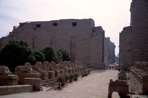 Ägyptische Antiquität: Allee (Dromos) der Kriosphinx (Sphinx mit Widderkopf) in Karnak, Luxor, Ägypten