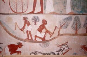 Szene der Landwirtschaft (Mähen und Holzschneiden), aus dem Grab des Schreibers Menna, Ägypten, Sheikh Abd el-Qurna, Tal der Adligen