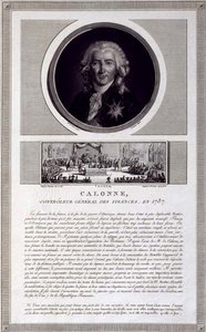 Calonne, Generaldirektor der Finanzen, 1787, Porträt graviert von Charles Levachez (fl.1760-1820), mit einer Szene der Versammlung der Notablen von Jean Duplessis-Bertaux (1747-1819), um 1803