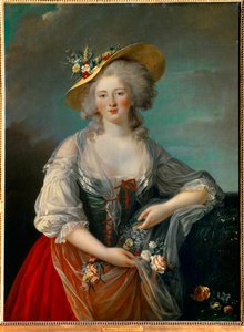 Porträt von Elisabeth Philippine Marie Helene von Frankreich, bekannt als Madame Elisabeth (1764-1794), Schwester von Ludwig XVI., dargestellt im Jahr 1782, in einem Landkostüm, das Blumen präsentiert Gemälde von Marie Elisabeth Louise Vigee Le Brun