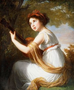 Porträt der Tochter des Künstlers, sitzend, dreiviertellang, Gitarre spielend, ca. 1797 von Elisabeth Louise Vigee Lebrun