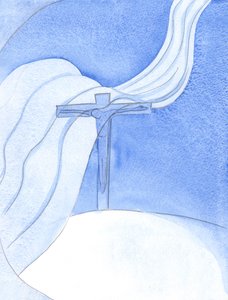Während Christus sein Blut in einem neuen Bund vergießt, fegt ein großer bösartiger Wind über das Kreuz und bedroht und zerstört, 2001 von Elizabeth Wang