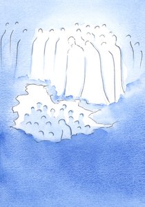 Christus und seine Heiligen im Himmel blicken mit großer Zärtlichkeit auf seine Freunde auf Erden, die über sein Leiden meditieren. von Elizabeth Wang