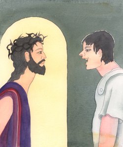Christus ertrug schreckliche Beleidigungen in Seiner Passion, als Er von den Soldaten wegen Seiner Predigten, Seiner Behauptung, der Sohn Gottes zu sein, Seiner galiläischen Herkunft und auch Seiner Reinheit und Unschuld verspottet wurde, 2005
