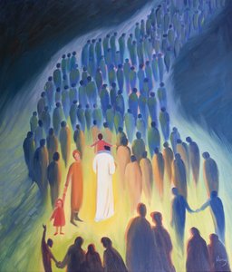 Christus wandelt unter seinem Volk, mit den Pilgern und den Kranken, ein Kind auf seinen Schultern
