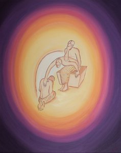 Gott der Vater, sich des schrecklichen Preises der Menschwerdung bewusst, streckt sich durch seinen Heiligen Geist zu seinem geliebten Sohn aus, der bereitwillig zustimmt, zur Erde zu kommen, um uns zu retten von Elizabeth Wang
