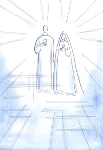 Mir wurden die Zwei Herzen gezeigt: das sündlose Herz Christi und das Unbefleckte Herz seiner Mutter, im strahlenden Licht des Himmels von Elizabeth Wang