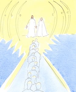 Jesus, der Gekreuzigte, wartet am Tor des Himmels mit seiner Mutter Maria und den heiligen Engeln von Elizabeth Wang