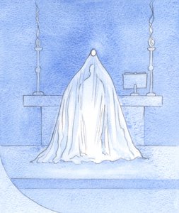 Jesus ist Gott-mit-uns bei der Konsekration, verhüllt seine Herrlichkeit, doch all die Herrlichkeit, die uns hier verborgen bleibt, wird dem Vater dargebracht. von Elizabeth Wang