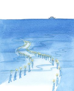 Menschen, die beim Beten sterben (wie diejenigen, die beim Beten des Rosenkranzes auf der Titanic starben), marschieren auf einem Weg, der scheinbar in die Dunkelheit führt von Elizabeth Wang
