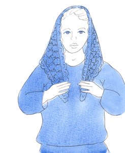 Der Herr bat mich, ein Bild einer Frau zu zeichnen, die in der Kirche gemäß altem Brauch ihr Mantilla trägt von Elizabeth Wang
