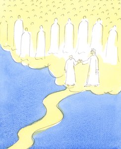 Die gesegnete Seele, die bis zum Ende in der Liebe zu Christus und ihrem Nächsten ausgeharrt hat, wird von Christus an der Hand geführt, um die himmlischen Freunde zu treffen, die versammelt sind, um sie in ihrer Gemeinschaft willkommen zu heißen von Elizabeth Wang