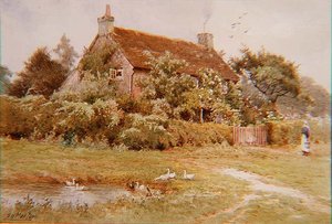 Eine Frau und Enten nahe einem Cottage im Sommer