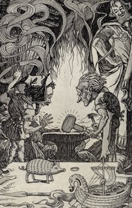 Das dritte Geschenk, ein riesiger Hammer, Illustration aus Myths from Many Lands, veröffentlicht 1912