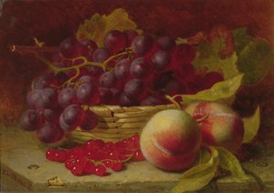 Stillleben mit roten Johannisbeeren, Pfirsichen und Trauben in einem Korb