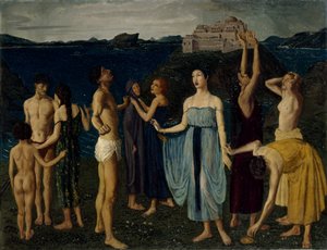 Ein Fries von Figuren, die in einer Landschaft stehen, ca. 1910
