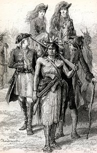 Magua führt Colonel Munros Töchter, mit Major Duncan Heyward und David La Gamme