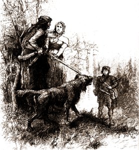 Der alte Trapper Natty Bumppo und sein Hund Hector mit Helene Wade und dem Bienenzüchter Paul Hover