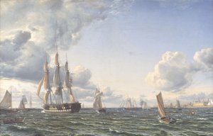 Das Linienschiff "Valdemar" kreuzt den Sund bei frischem Bramsegelschlag von Emanuel Larsen