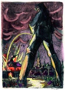 Gulliver uriniert auf Flammen, um das Feuer im Palast der Kaiserin von Lilliput zu löschen