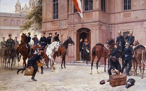 Kronprinz Ludwig IV. von Hessen-Darmstadt verabschiedet Cornelius Heyl vor dem Schlosschen in Worms, bevor er 1870 in die Schlacht von Sedan zieht
