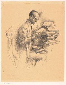 Mann hinter einem Schreibtisch voller Bücher von Emil Orlik (signed by artist)