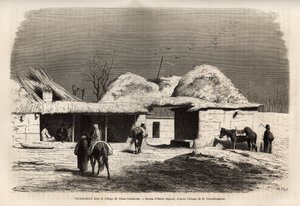 Ein Karawanserei im Dorf Alt-Taschkent (oder Taschkend), Hauptstadt von Russisch-Turkestan, Gravur nach einer Zeichnung von Emile Bayard, Illustration der Reise von Basile Vereschagin nach Zentralasien 1867-1868, veröffentlicht in „Le tour du monde“ 1873,  von Emile Antoine Bayard