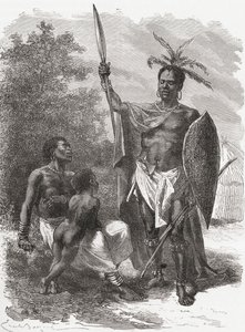 Ein Eingeborener von Ougogo, Zentralafrika, in Kriegskleidung, Illustration aus 