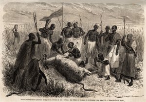 Ein Zauberer führt magische Operationen an einem geschlachteten Rind in Uganda durch, Zeichnung von Emile Bayard (1837-1891), die Captain Spekes Entdeckungsreise in Afrika von 1860 bis 1863 illustriert. Gravur in „Le tour du monde“, herausgegeben von Edoua
