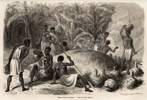 Verkostung des Pombe (alkoholisches Getränk durch Fermentation), in Karague (westlich des Viktoriasees, im heutigen Simbabwe), Zeichnung von Emile Bayard (1837-1891), zur Illustration von Captain Spekes Entdeckungsreise in Afrika von 1860 bis 1863. Gravur  von Emile Antoine Bayard