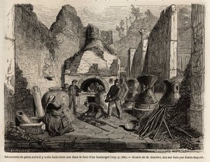 Entdeckt durch einen Bäckereiofen und erhaltenes Brot in Asche während der Ausgrabungen von 1864 in Pompeji, Zeichnung von Emile Bayard (1837-1891), zur Illustration von Marc Monniers Text (1829-1885) „Pompeji und die Pompejaner“. Gravur in „Le tour du mon