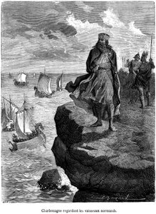 Kaiser Karl der Große beobachtet die Ankunft normannischer Schiffe an der französischen Küste - Wikingerschiffe und Krieger - Drakkar, skandinavische Navigation, nordische Invasion - Gravur von Emile Bayard, die „Die Geschichte des populären Frankreichs vo von Emile Antoine Bayard