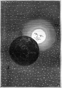 Gravur (von Emile Bayard) aus Jules Vernes Buch „Rund um den Mond“ (Hetzel-Ausgabe/Voyages Extraordinaires 1870): Die Erde zieht am Mond vorbei von Emile Antoine Bayard