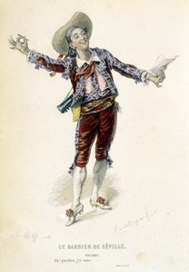 Figaro in „Der Barbier von Sevilla“ in den „Gesammelten Werken von Beaumarchais“, ed. Laplace Sanchez & cie, Paris von Emile Antoine Bayard