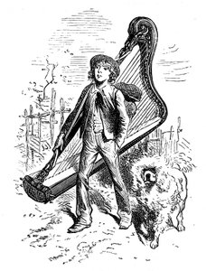 Illustration von Emile Bayard für Hector Malots Roman „Sans Famille“: Remi mit seinem Freund, dem Hund Capi, und seiner Harfe - Ausgabe Hetzel 1880
