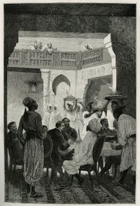 Mittagessen beim Kriegsminister, Kopfbedeckung eines Turbans, gegenüber dem Autor der Geschichte, der durch den Hof ankommt, eine Reihe von Dienern, die die Gerichte des Essens tragen, Gravur von Emile Bayard, zur Illustration der Geschichte Marokkos von E von Emile Antoine Bayard