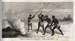 Sorghum-Trommler, im Ounyamouezi (Region der Großen Seen, Afrika), Zeichnung von Emile Bayard, zur Illustration von Captain Spekes Entdeckungsreise in Afrika von 1860 bis 1863. Gravur in „Le tour du monde“, herausgegeben von Edouard Charton