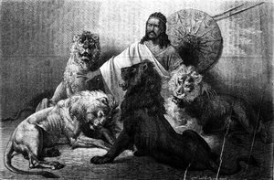 Der Kaiser (Ras) Theodoros von Abessinien umgeben von seinen Löwen. Gravur aus der Mitte des 19. Jahrhunderts. Illustration von Emile Bayard. von Emile Antoine Bayard