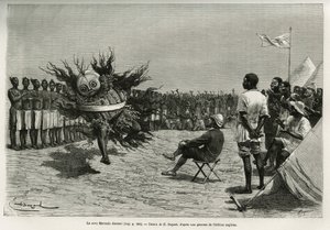 Der Sova Mavanda (König), umgeben von seinen Männern, die einen monotonen Gesang psalmodieren, tanzen vor dem Major. Gravur von Emile Bayard, zur Illustration der Geschichte, wie ich Afrika durchquert habe, vom Atlantischen Ozean bis zum Indischen Ozean, v
