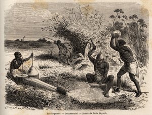 Die Schmiede im Ounyamouezi (Region der Großen Seen, Afrika), Zeichnung von Emile Bayard (1837-1891), Illustration der Entdeckungsreise in Afrika von 1860 bis 1863 von Captain Speke. Gravur in „Le tour du monde“, herausgegeben von Edouard Charton von Emile Antoine Bayard
