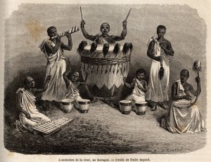 Das Hoforchester, in Karague (westlich des Viktoriasees, heutiges Simbabwe), Zeichnung von Emile Bayard (1837-1891), zur Illustration von Captain Spekes Entdeckungsreise in Afrika von 1860 bis 1863. Gravur in „Le tour du monde“, herausgegeben von Edouard C von Emile Antoine Bayard