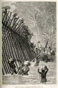 Der Durchgang des Lovoi-Flusses (oder Teufelsfluss) (Region Katanga, Kongo) durch die Expedition, Zeichnung von Emile Bayard, zur Illustration der Reise durch Afrika, von Sansibar (Tansania) nach Benguela (Angola), von 1873 bis 1876, von britischem Komman von Emile Antoine Bayard