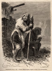 Zwei alte Eskimofrauen in der Tracht der Grönländerinnen, Lederstiefel bis zu den Knien, kurze Robbenfellhosen und eine tunikaförmige Haut, die vorne und hinten herunterfällt, in der Nähe von Lichtenau, graviert nach einer Zeichnung von Emile Bayard (Illus von Emile Antoine Bayard