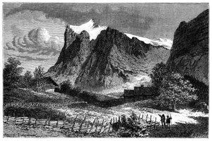 Ansicht der Schweizer Alpen. Illustration von Emile Bayard für das Buch Les Montagnes d