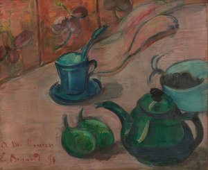Stillleben mit Teekanne, Tasse und Früchten