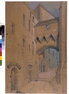 Der Beginn des großen Grades und die befestigte Brücke. Mont Saint Michel. Zeichnung von Emile Sagot. Stadtmuseum von Avranches (Manche) von Emile Sagot